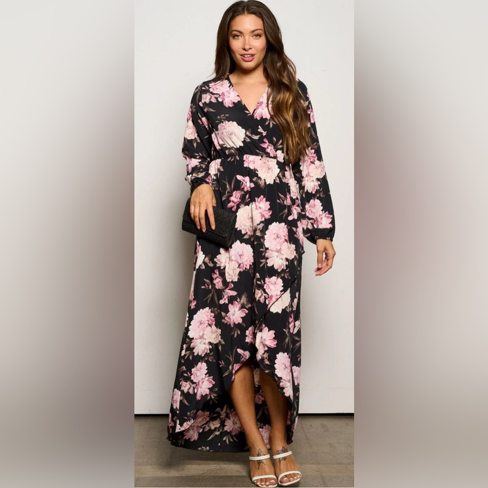 NWT Women's Long Sleeve Floral High Low V-Neck Flowy Party Long Maxi Dress